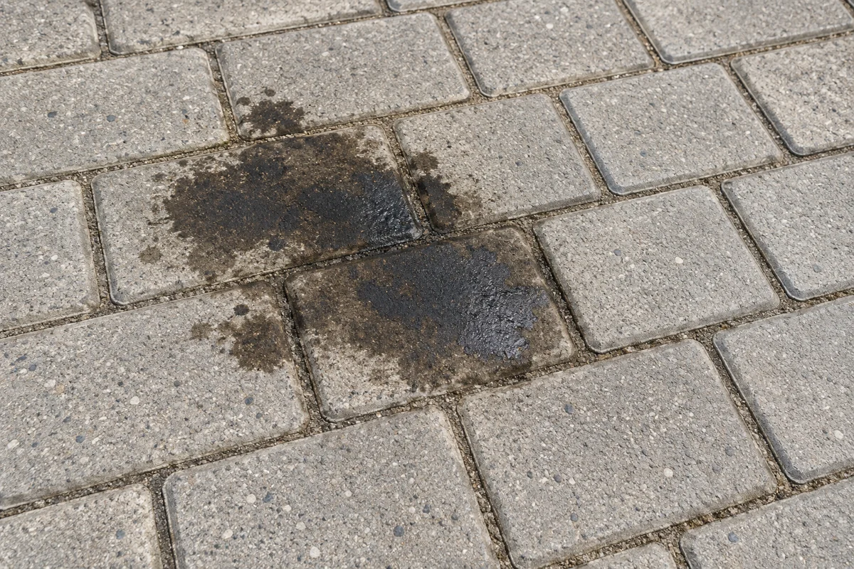 Plama oleju na kostce brukowej — ilustracja problemu.